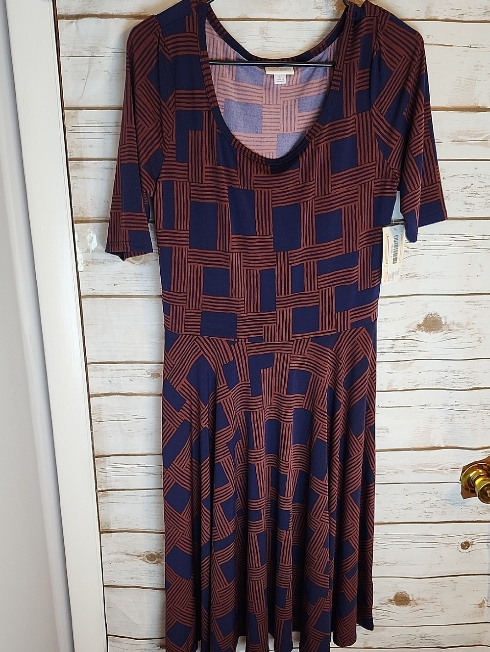 LuLaRoe NWT Nicole Navy and Burgundy Geometric Fit & Flare Dress Large